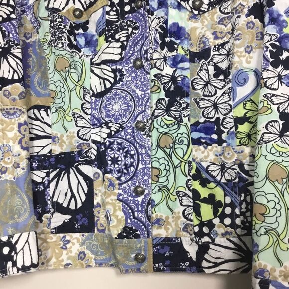 100% cotton denim jacket in navy blue minty green gold with butterfly scrolls XL - Picture 3 of 7